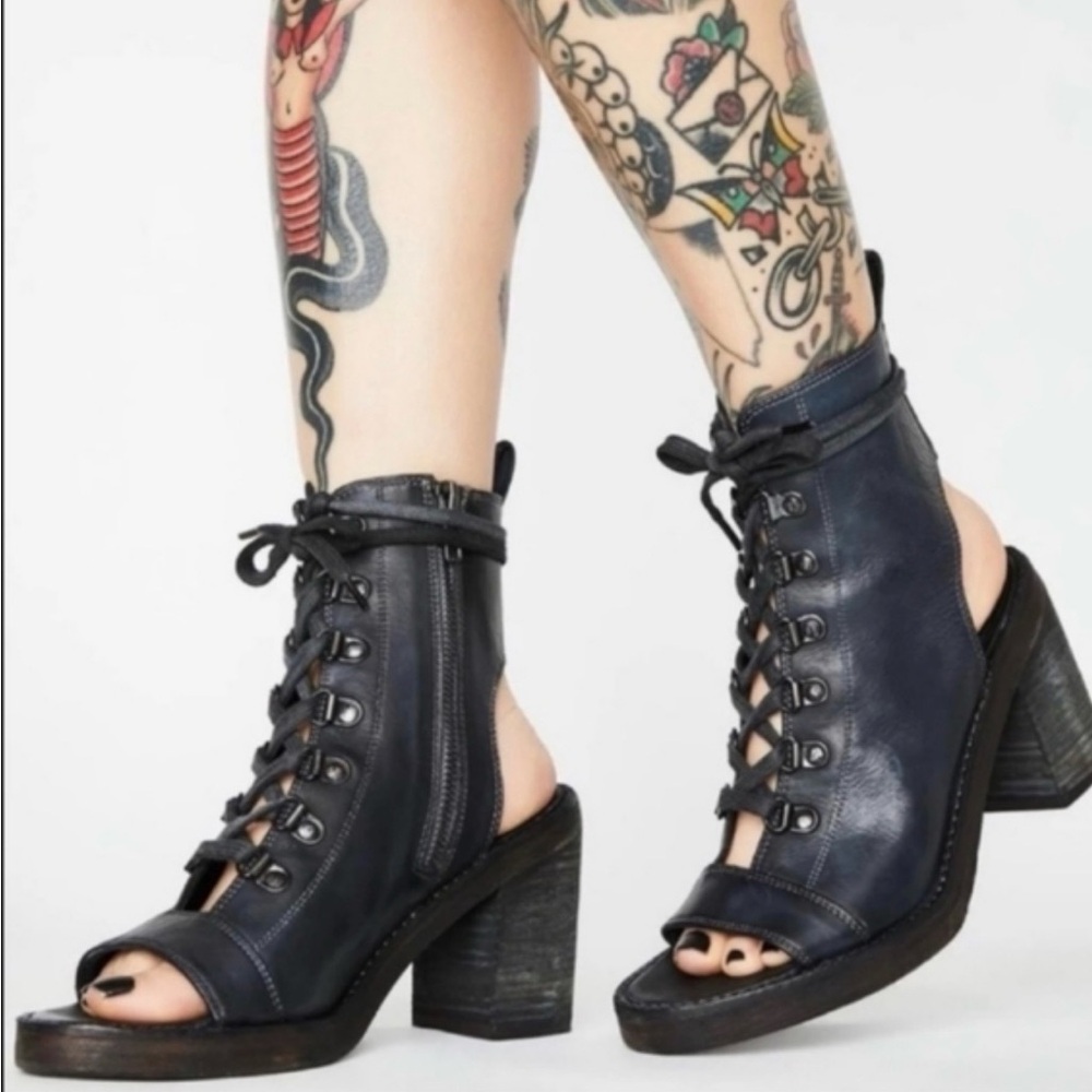 Free People Navy Open-Toe Lace-Up Heeled Boots
